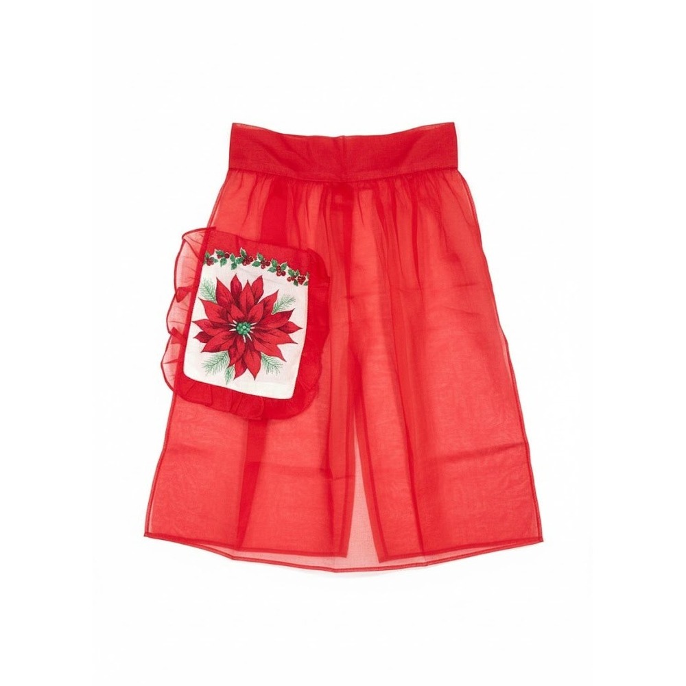 VTG‎ Red Organza Christmas Half Apron Poinsettia Pocket Ruffle Holiday Handmade